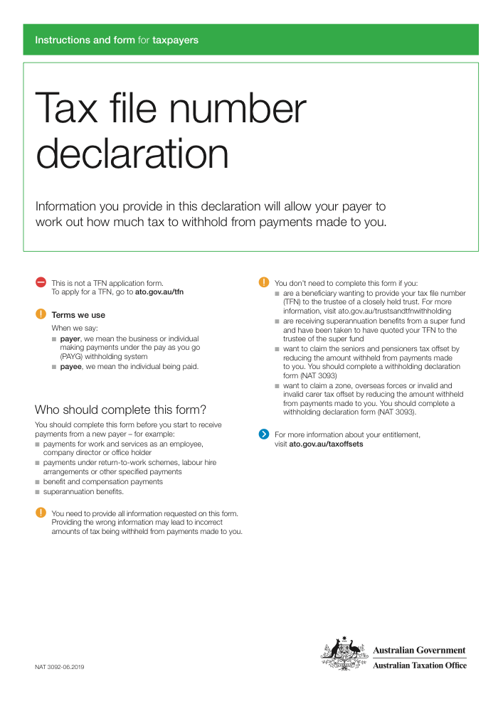Preview of Fill Out Tax file number declaration (NAT 3092) Online
