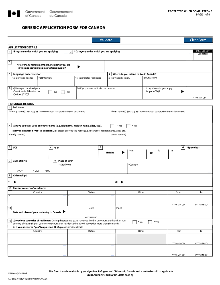 Preview of Fill Out Generic Application Form for Canada (IMM 0008) Online