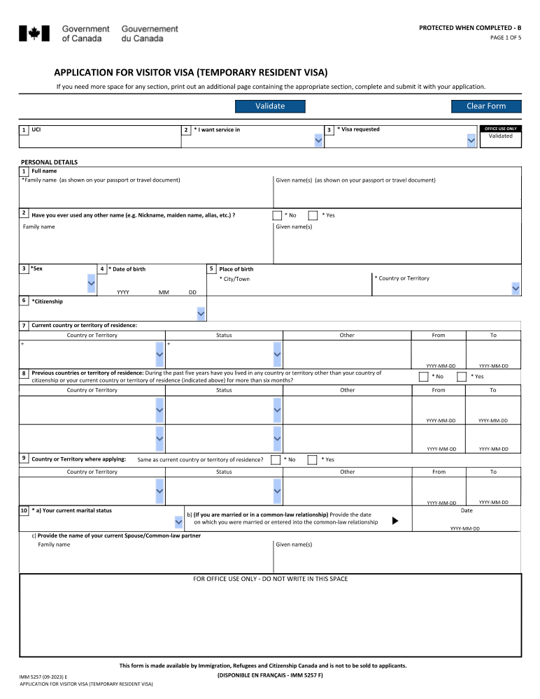 Preview of Fill Out Application for Visitor Visa (IMM 5257) Online