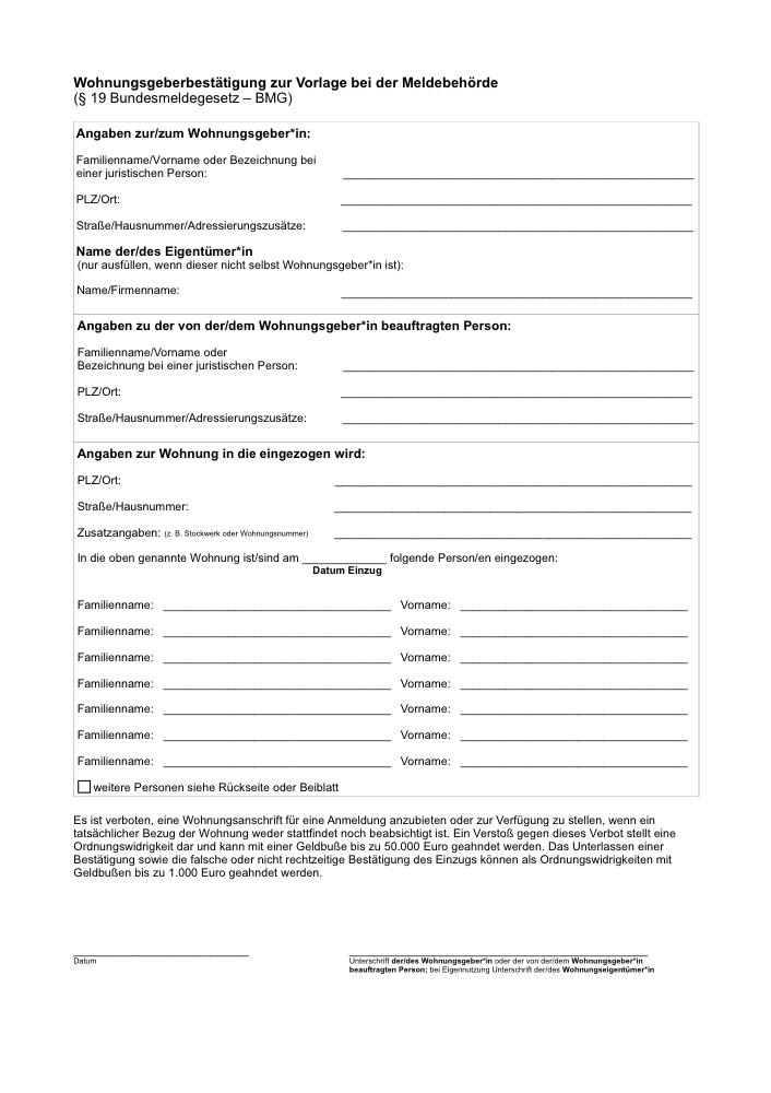 Preview of Fill Out Landlord confirmation (Wohnungsgeberbestätigung) Online