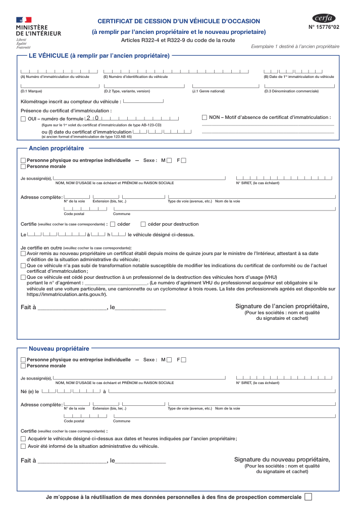 Preview of Fill Out Vehicle transfer declaration (Cerfa 15776) Online