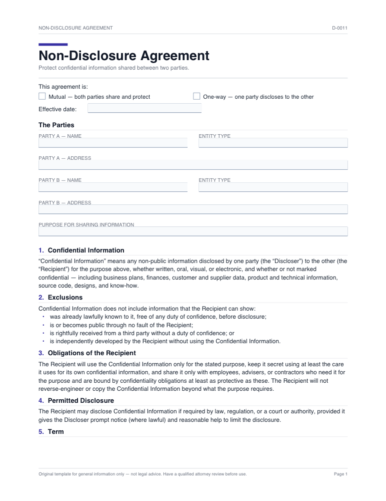 Preview of Non-disclosure agreement Template — Fill Out Online