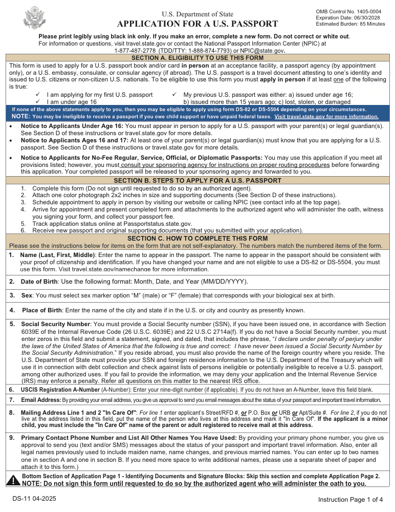 Preview of Fill Out Application for a U.S. Passport (DS-11) Online