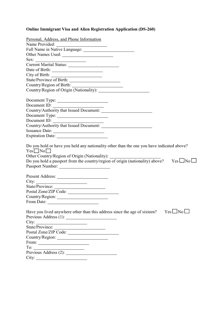 Preview of Fill Out Immigrant Visa and Alien Registration Application (DS-260) Online