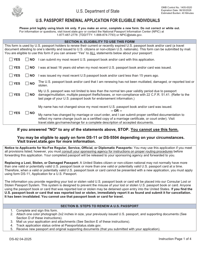 Preview of Fill Out U.S. Passport Renewal Application (DS-82) Online