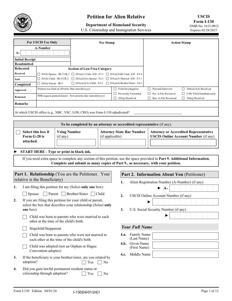 Preview of Fill Out Petition for Alien Relative (I-130) Online