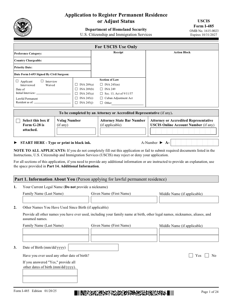 Preview of Fill Out Application to Register Permanent Residence or Adjust Status (I-485) Online