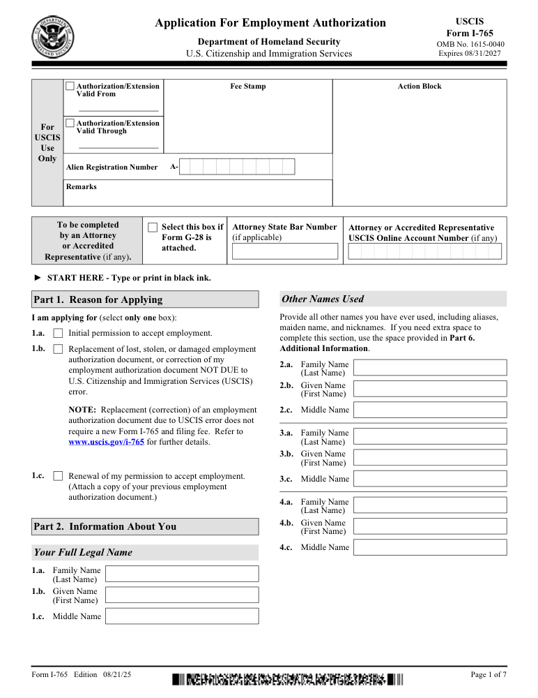 Preview of Fill Out Application for Employment Authorization (I-765) Online
