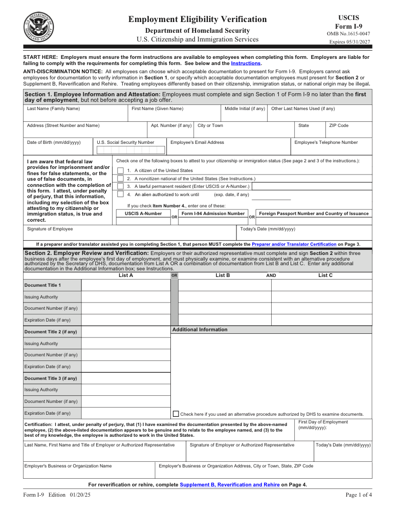 Preview of Fill Out Employment Eligibility Verification (I-9) Online