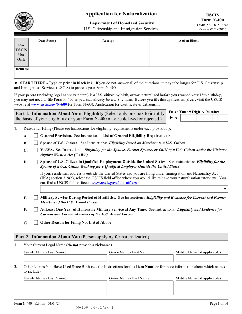 Preview of Fill Out Application for Naturalization (N-400) Online
